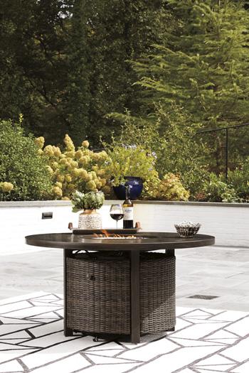 Paradise Trail Paradise Trail Fire Pit Table with 4 Nuvella Swivel Lounge Chairs - One & Only Furniture